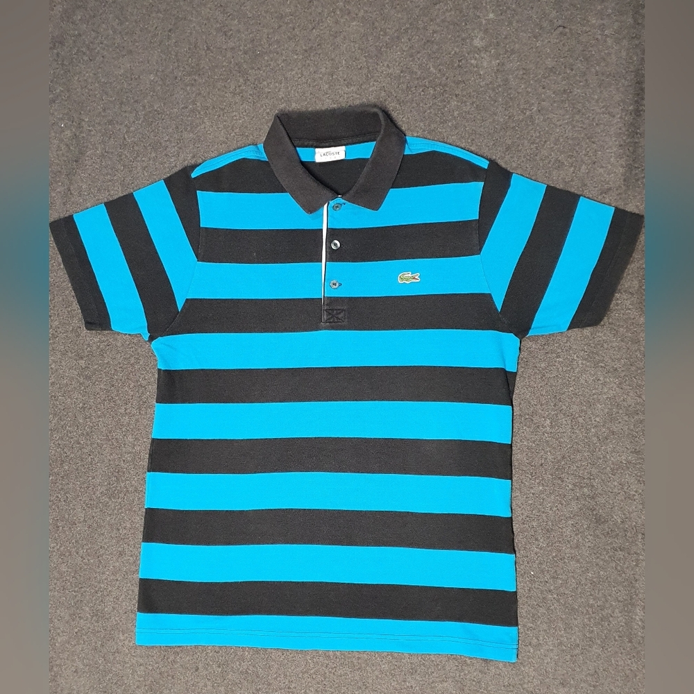 Lacoste Sport Striped Polo Shirt Blue & Black Size 5 (L)